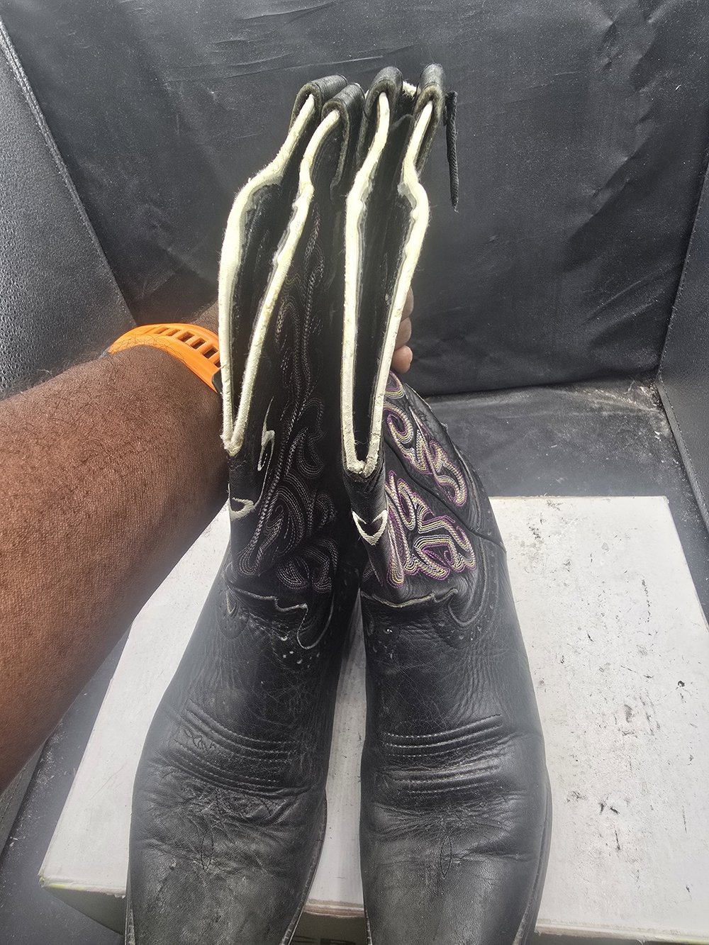 Justin Boots Black Leather Western Mules with Purple Stitching